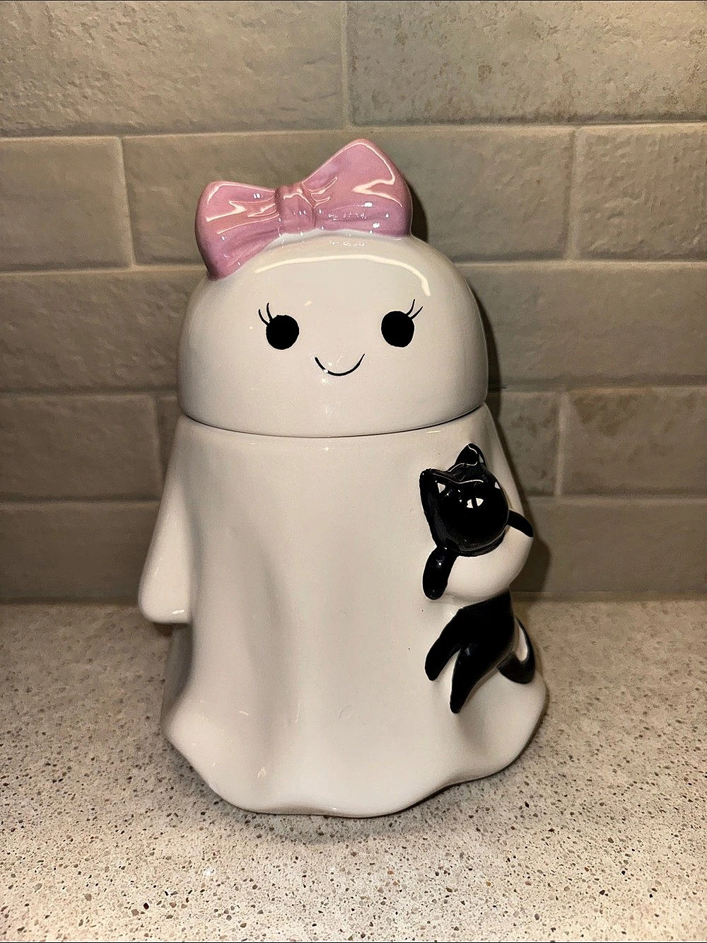Booville! Halloween Ghost Ceramic Food Storage Container Holding a Black Cat
